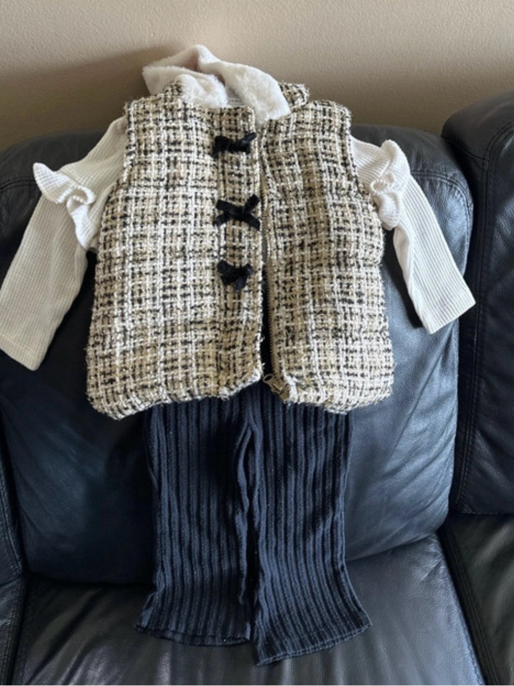 Nicole Miller Girls Tweed Vest in Cream and Black